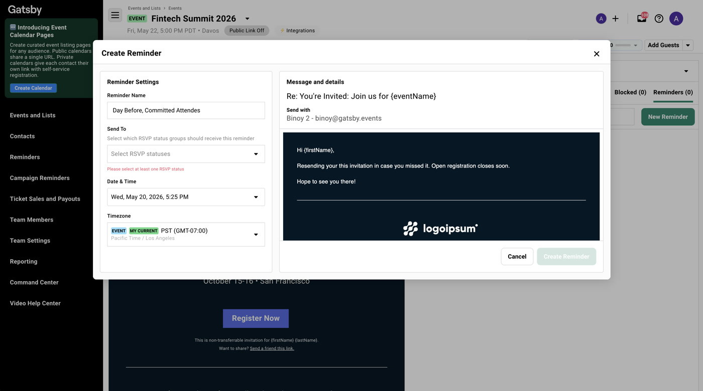 The Create Reminder modal showing reminder name, RSVP status filter set to Accepted, date and time picker, event timezone, and a live email preview on the right