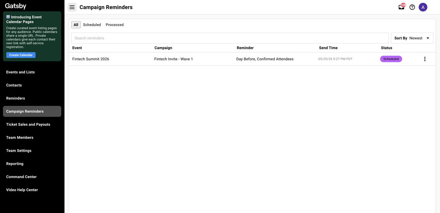 The org-wide Campaign Reminders dashboard with All, Scheduled, and Processed tabs, listing reminders across multiple events with their send times and statuses