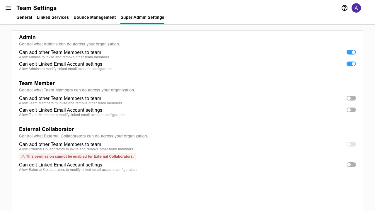Super Admin Settings tab in Team Settings showing permission toggles for Admin, Team Member, and External Collaborator roles