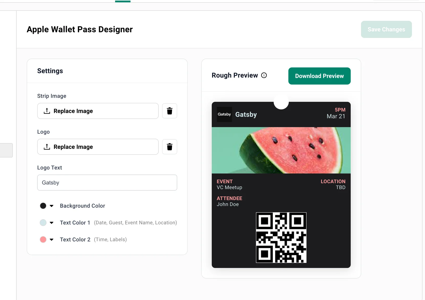 The Apple Wallet Pass Designer showing settings for strip image, logo, logo text, and color pickers alongside a live pass preview